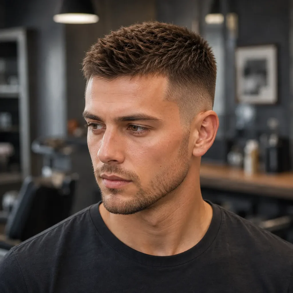 Young man with a crew cut and textured top in a modern barbershop