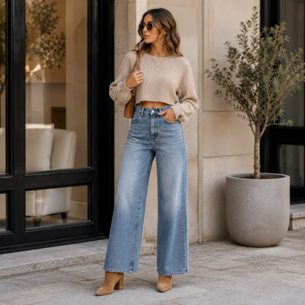 Woman wearing a cropped sweater with wide leg jeans and ankle boots