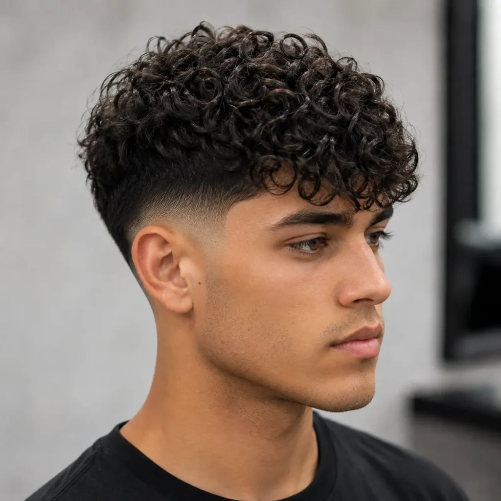 Curly fringe fade haircut for men with oval faces and natural curls