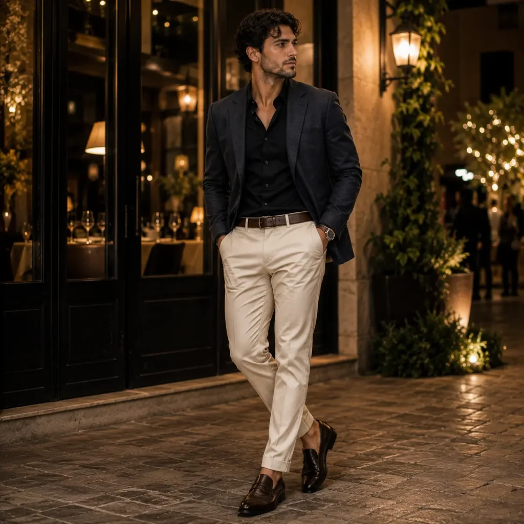 Man wearing a dark blazer, open-collar shirt, tailored trousers, and leather loafers outside an upscale restaurant at night.