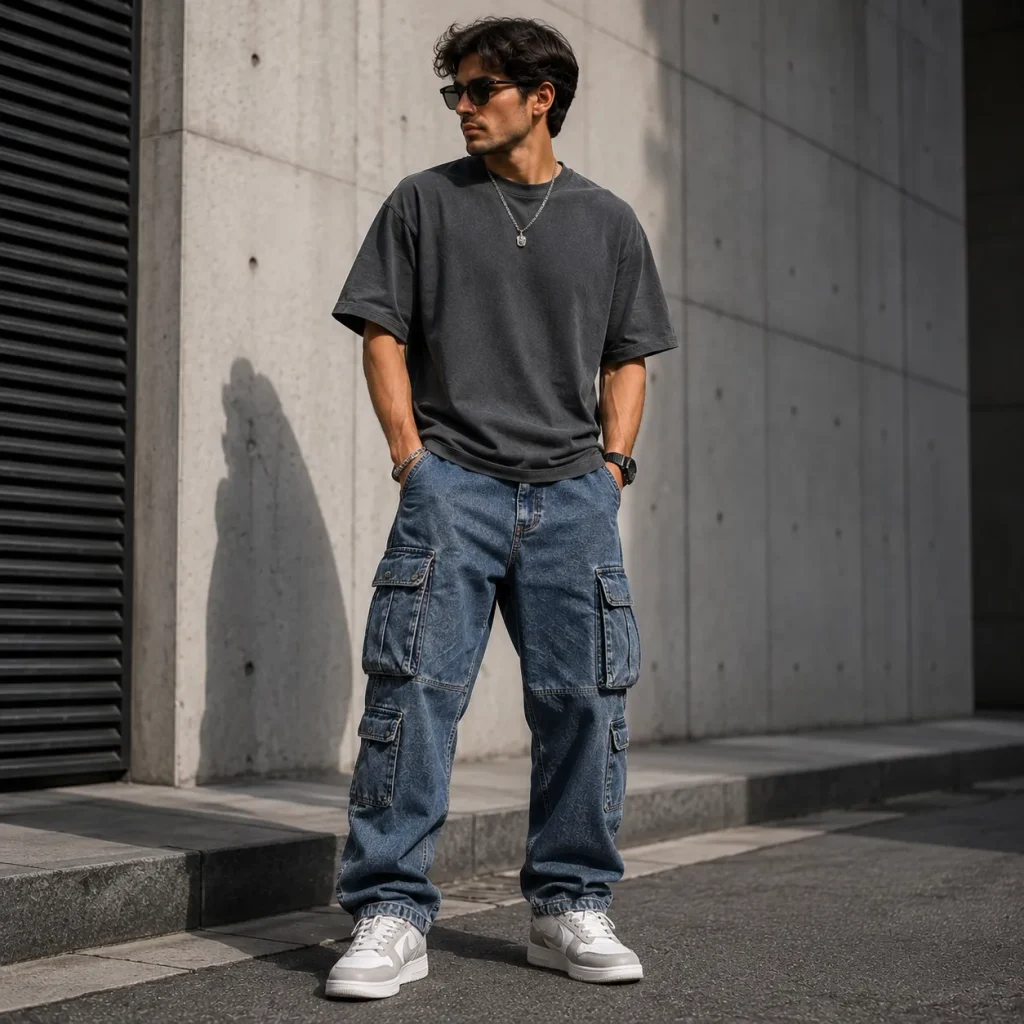 Young man wearing blue denim cargo pants with a charcoal oversized T-shirt and white sneakers in a modern urban setting.