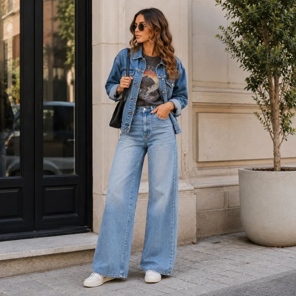 Woman wearing a denim jacket and graphic tee with wide leg jeans