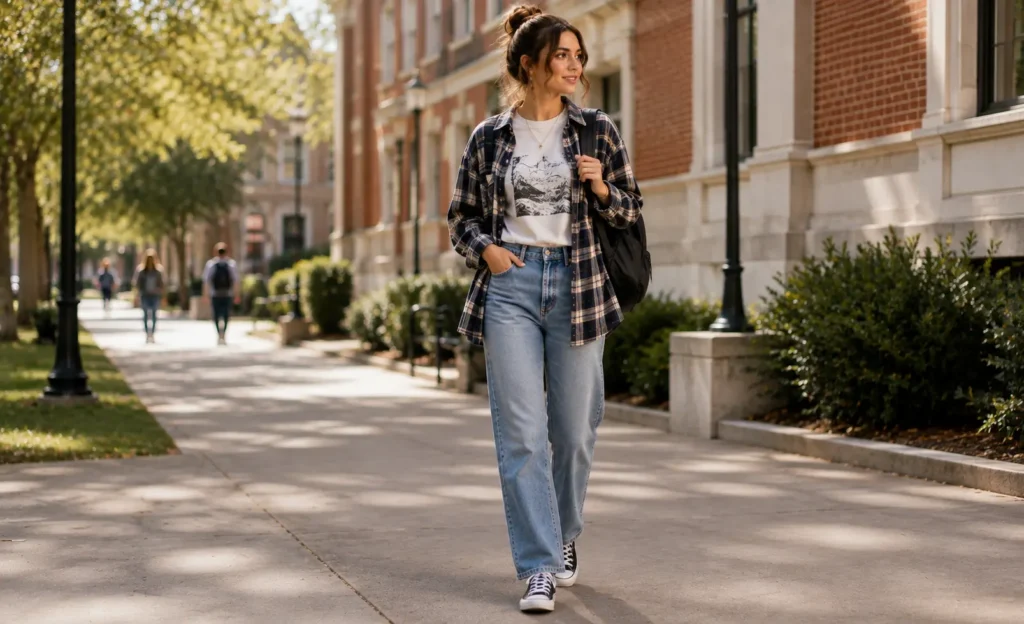 Young woman wearing denim jeans, a graphic tee, and plaid flannel shirt on a college campus