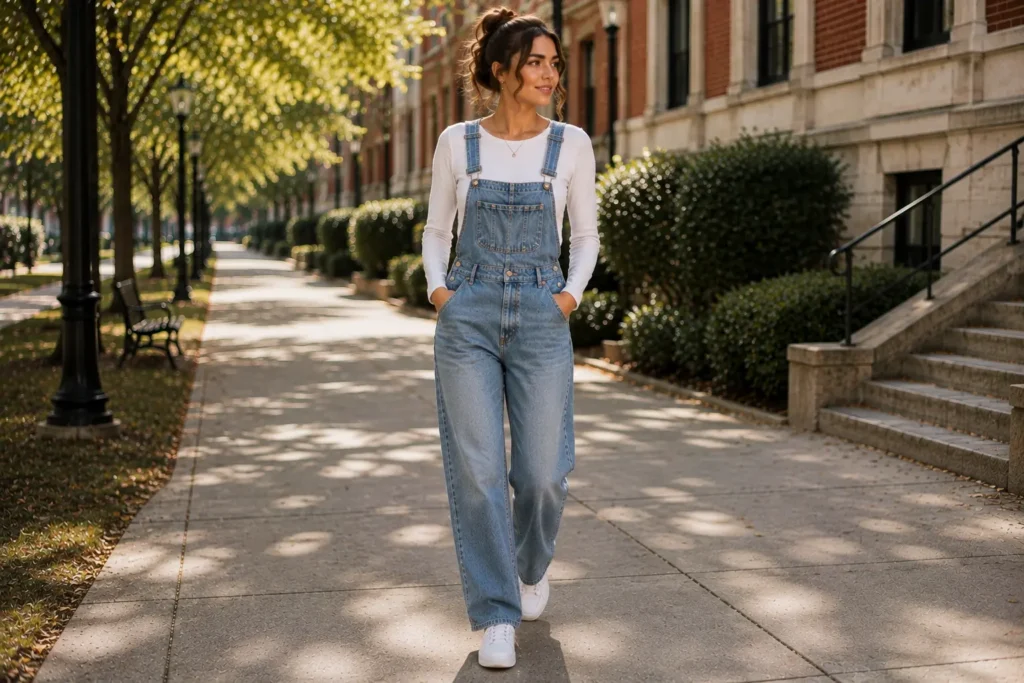 Young woman wearing denim overalls, long-sleeve top, and sneakers on a college campus