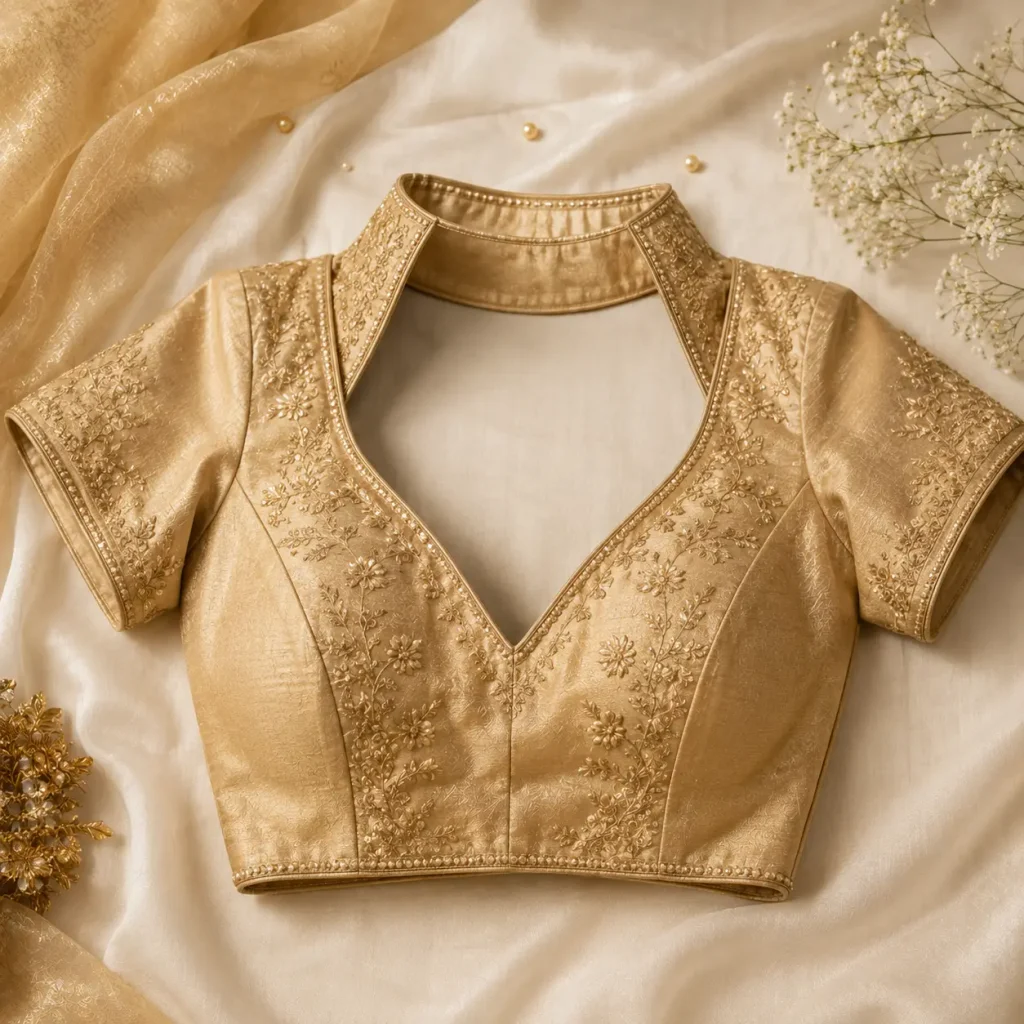 Stylish dual-neck blouse with contemporary structured design and elegant detailing