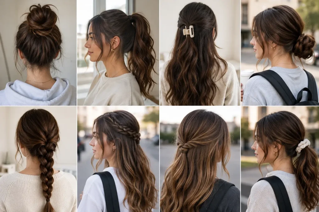 Collage of easy hairstyles for college outfits including messy buns, ponytails, braids, and half-up styles