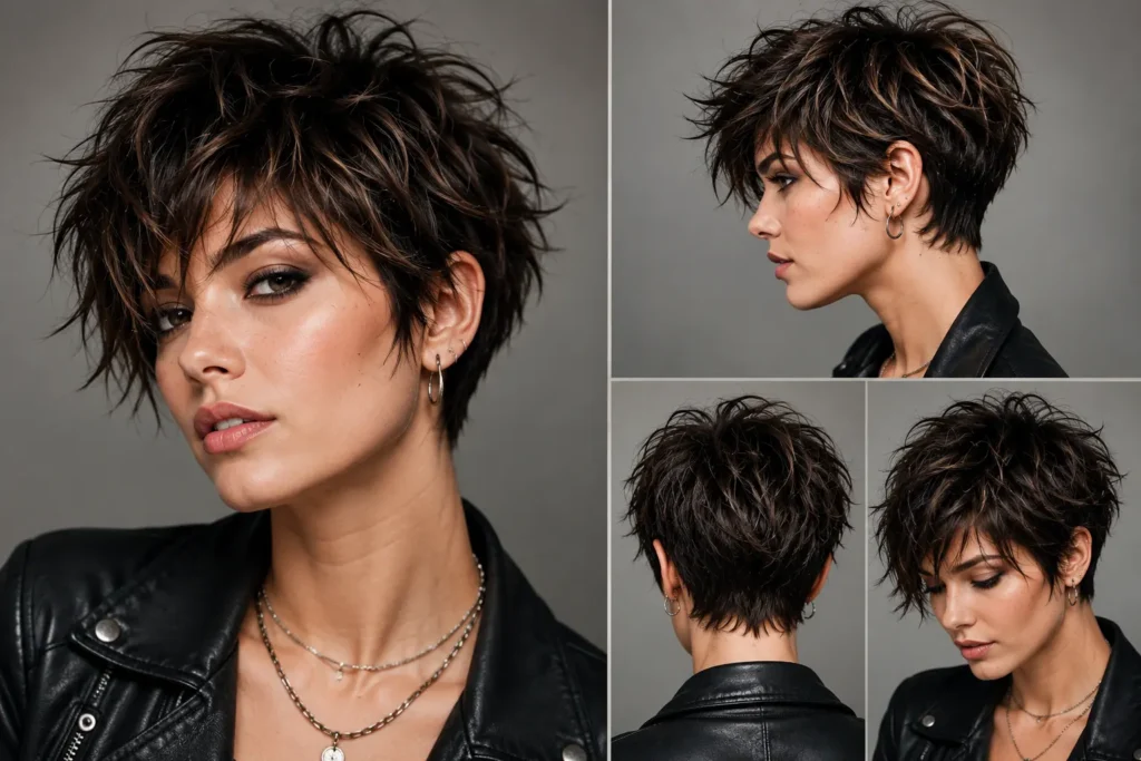 Woman wearing an edgy messy shaggy pixie cut with choppy layers, tousled texture, and a modern bold look.