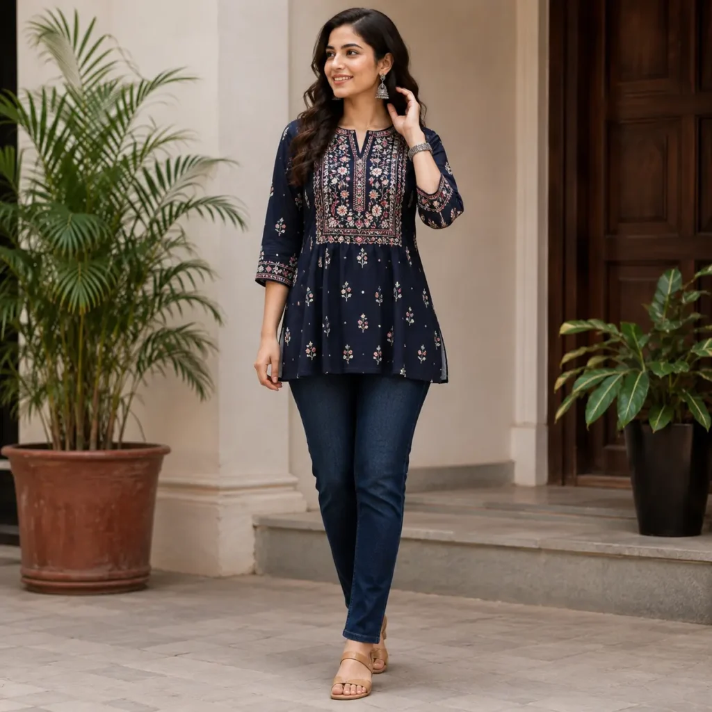 Embroidered short kurti with dark denim jeans outfit
