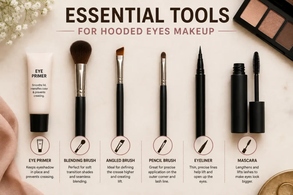 Essential makeup tools for hooded eyes including eye primer, blending brush, angled brush, pencil brush, eyeliner, and mascara arranged on a flat lay background.