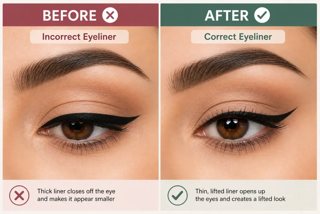 Before and after eyeliner comparison for hooded eyes showing thick eyeliner versus a thin lifted wing for a more open eye appearance.