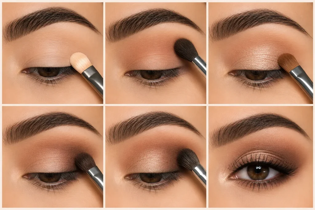 Step-by-step eyeshadow application tutorial for hooded eyes showing primer, crease blending, lid color, outer corner definition, and finished eye makeup.