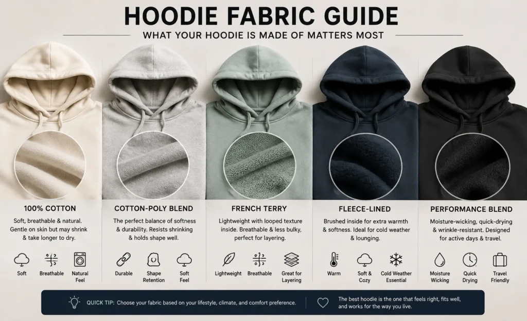 Different hoodie fabric types including cotton, fleece, French terry, and performance blend displayed for comfort comparison.