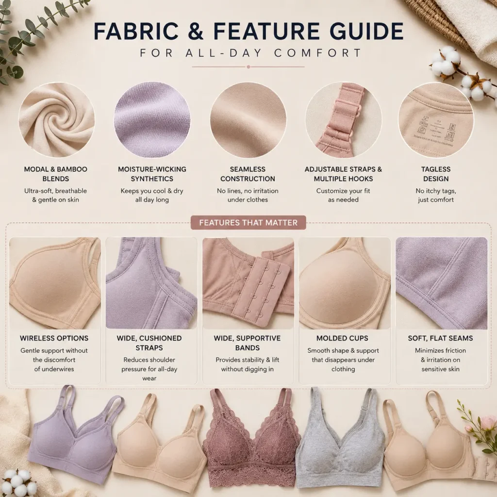 Bra fabric and feature guide showing breathable fabrics, seamless construction, adjustable straps, and supportive designs