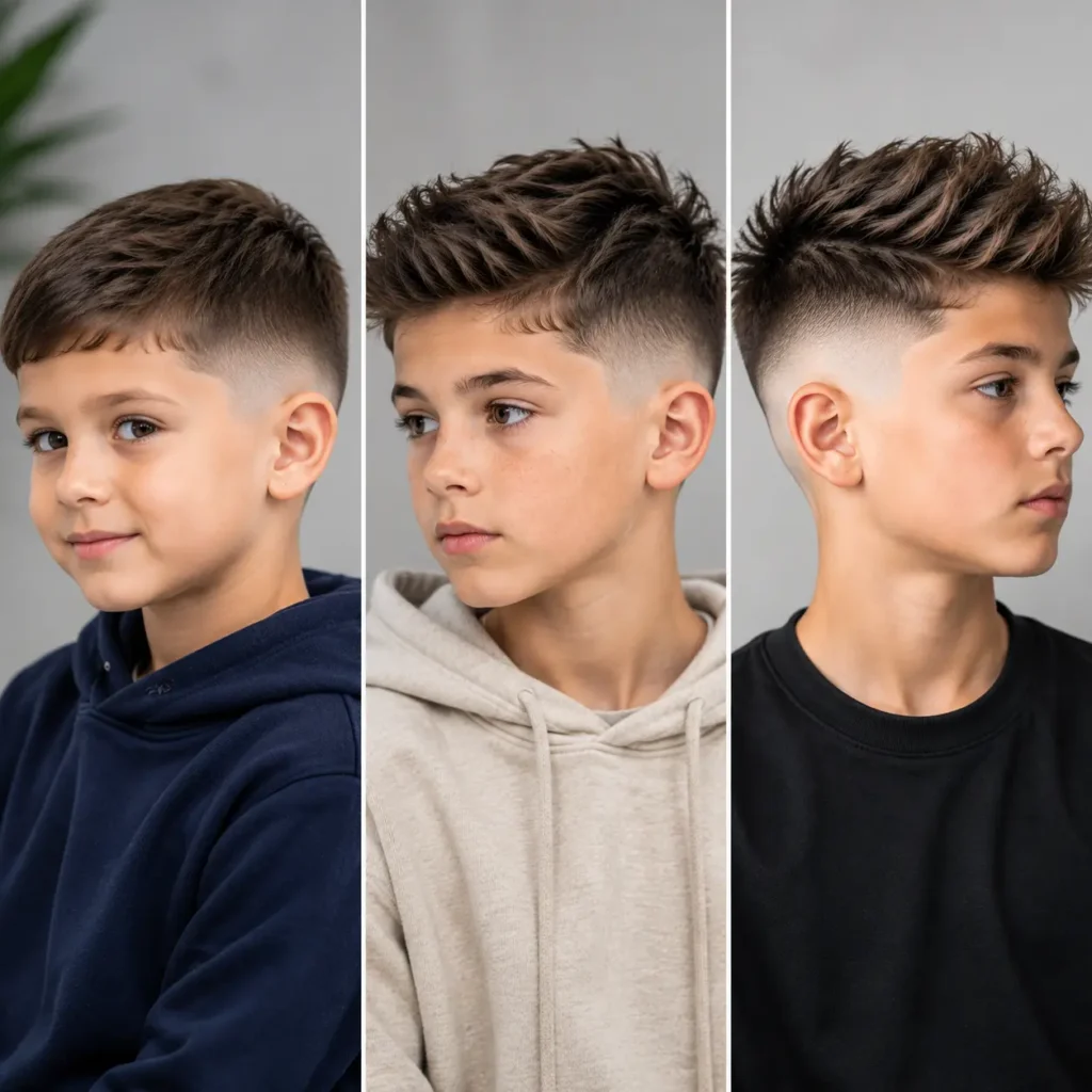 Low, mid, and high fade haircuts shown from side profile views