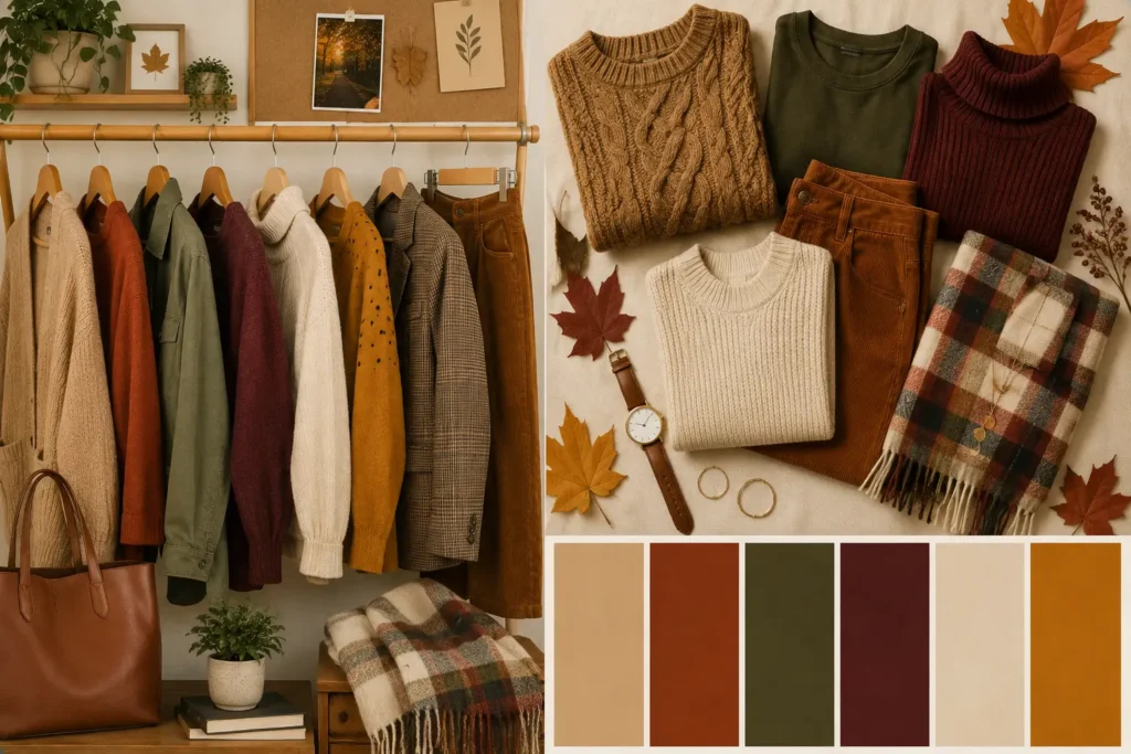 Autumn-inspired teacher wardrobe featuring clothing in camel, rust, olive, burgundy, cream, and mustard tones arranged on a clothing rack and flat lay with seasonal accessories.