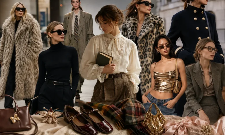 Fall 2026 fashion trends featuring poetcore, ’90s minimalism, plaid, faux fur, metallics, and statement accessories.