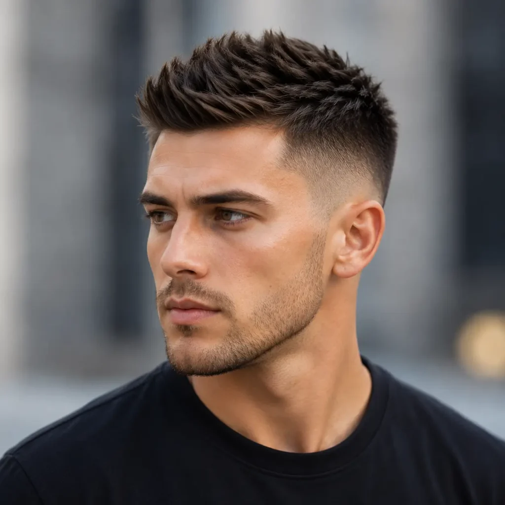 Young man with a short textured faux hawk and faded sides