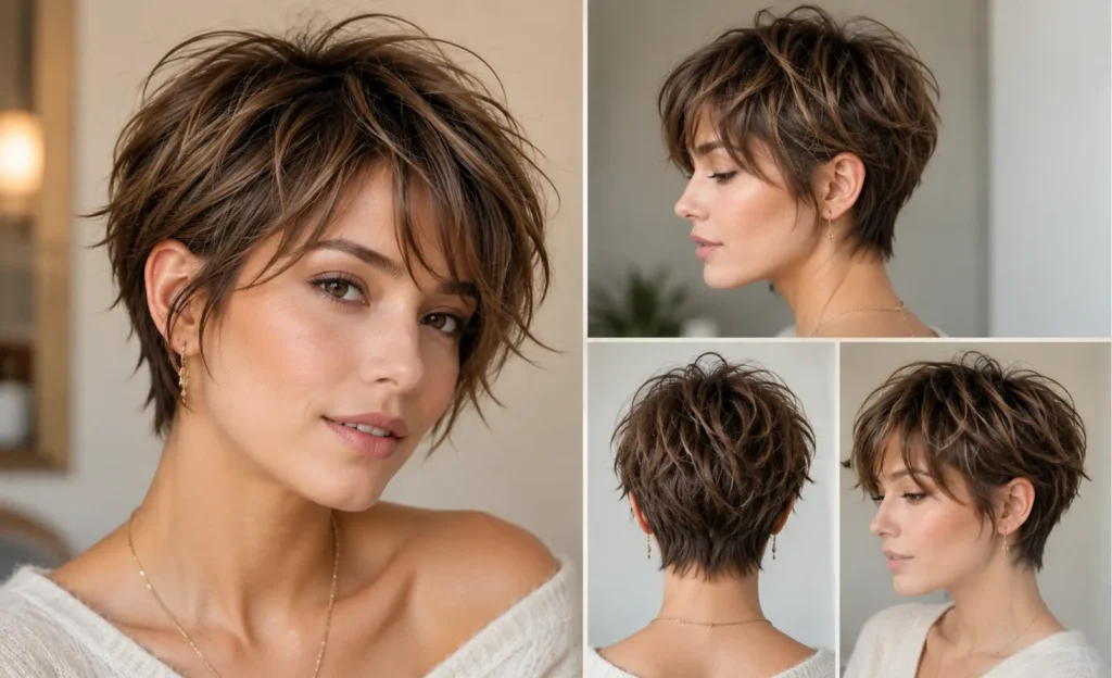 Woman with a feminine shaggy pixie cut featuring soft layers, wispy bangs, and a romantic textured finish.