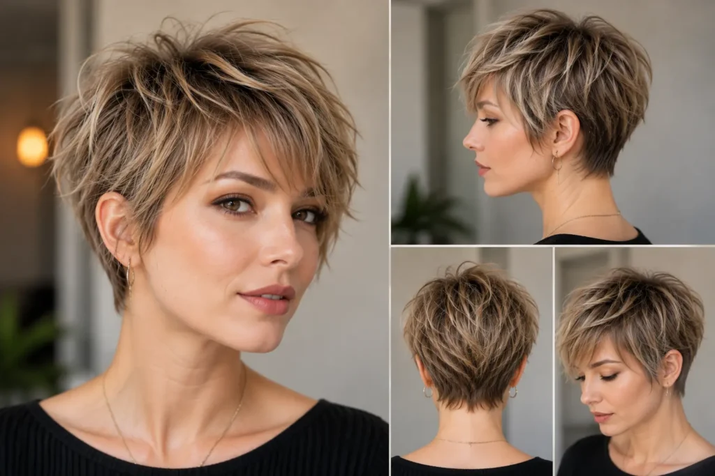 Fine hair styled into a shaggy pixie cut with textured layers and lifted roots for a fuller, more voluminous appearance.
