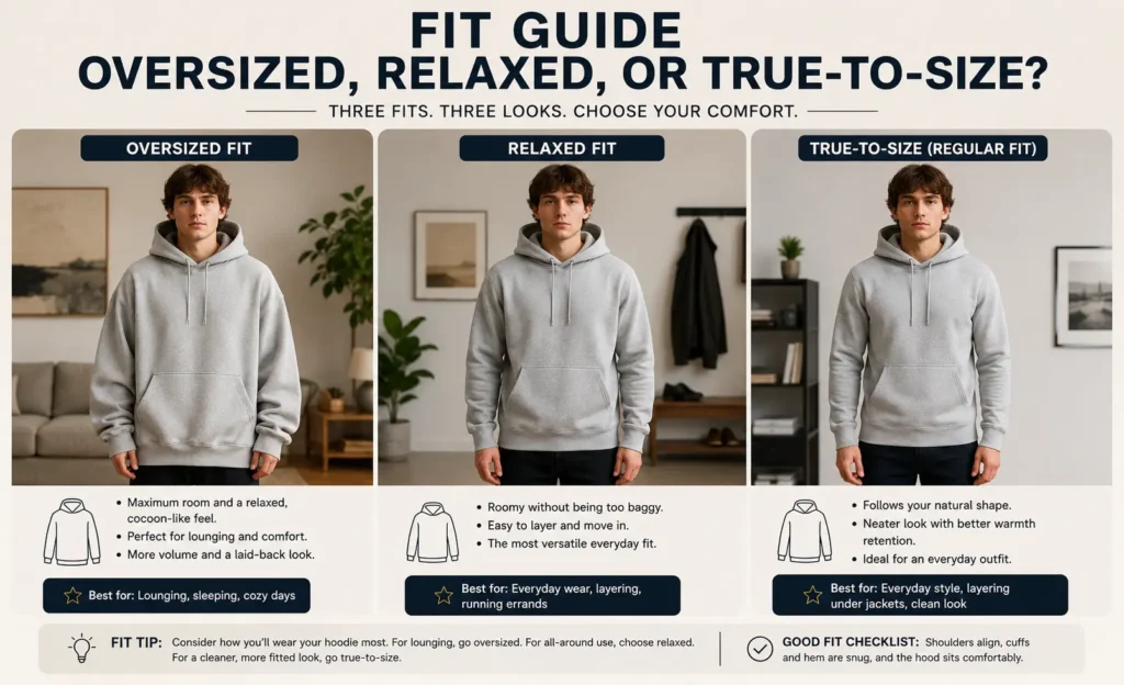 Comparison of oversized, relaxed, and true-to-size hoodies on models showing different fits and silhouettes.