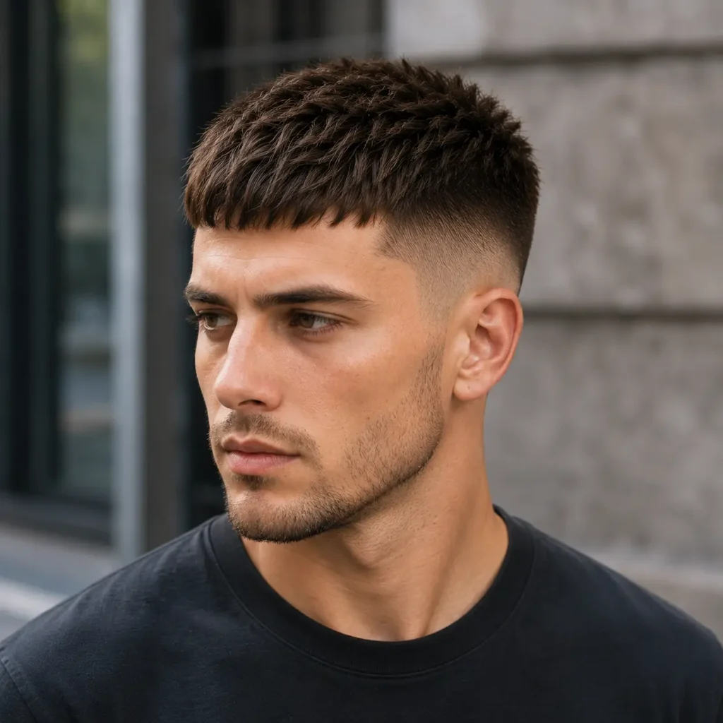 Young man wearing a textured French crop with a faded sides haircut