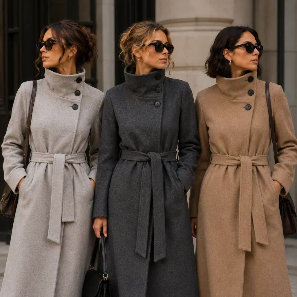 Tailored funnel-neck wool coats in neutral tones styled with a sophisticated urban aesthetic.
