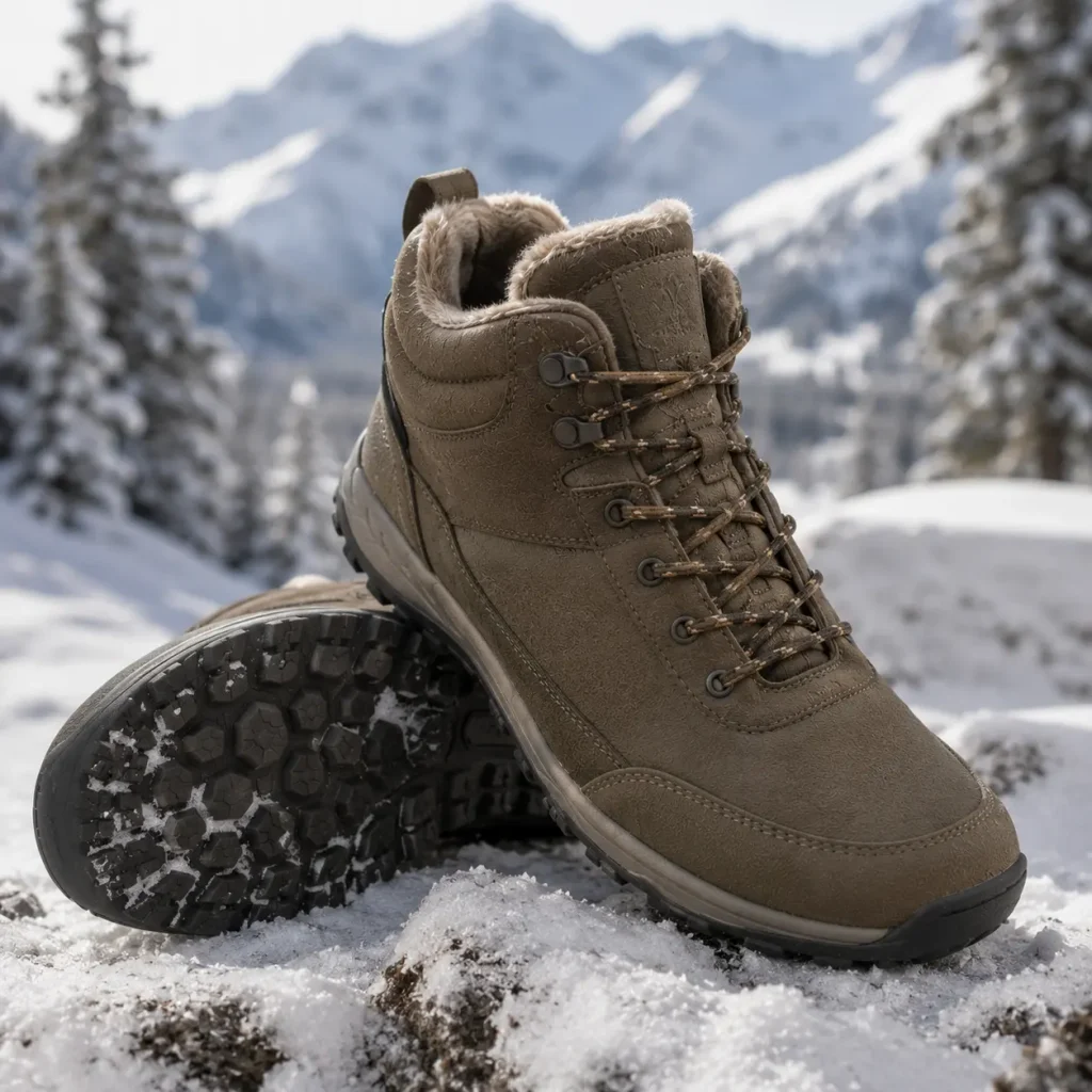 Grounded Footwear winter boot with warm lining and flexible barefoot sole in snow