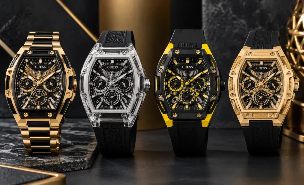 Guess Phoenix watch lineup featuring gold, clear, black and yellow, and black-gold models
