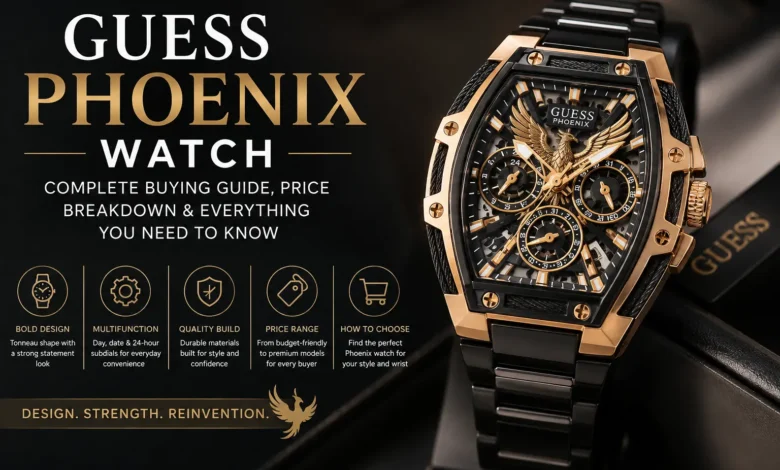 Guess Phoenix watch with bold tonneau case, multifunction dial, and gold detailing