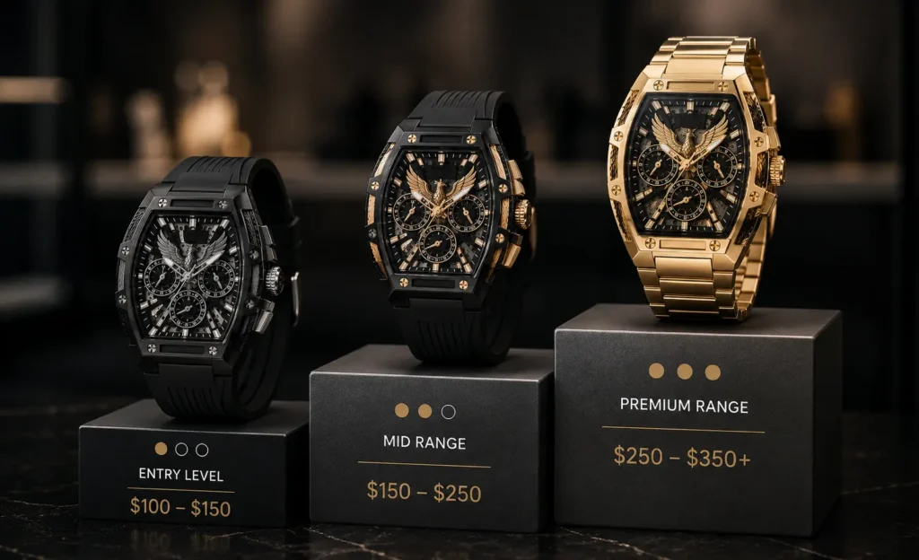 Guess Phoenix watches displayed across entry-level, mid-range, and premium price tiers