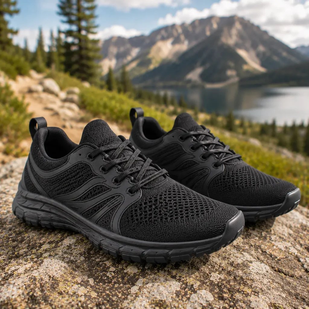 HF Active athletic barefoot shoes on a rugged outdoor trail