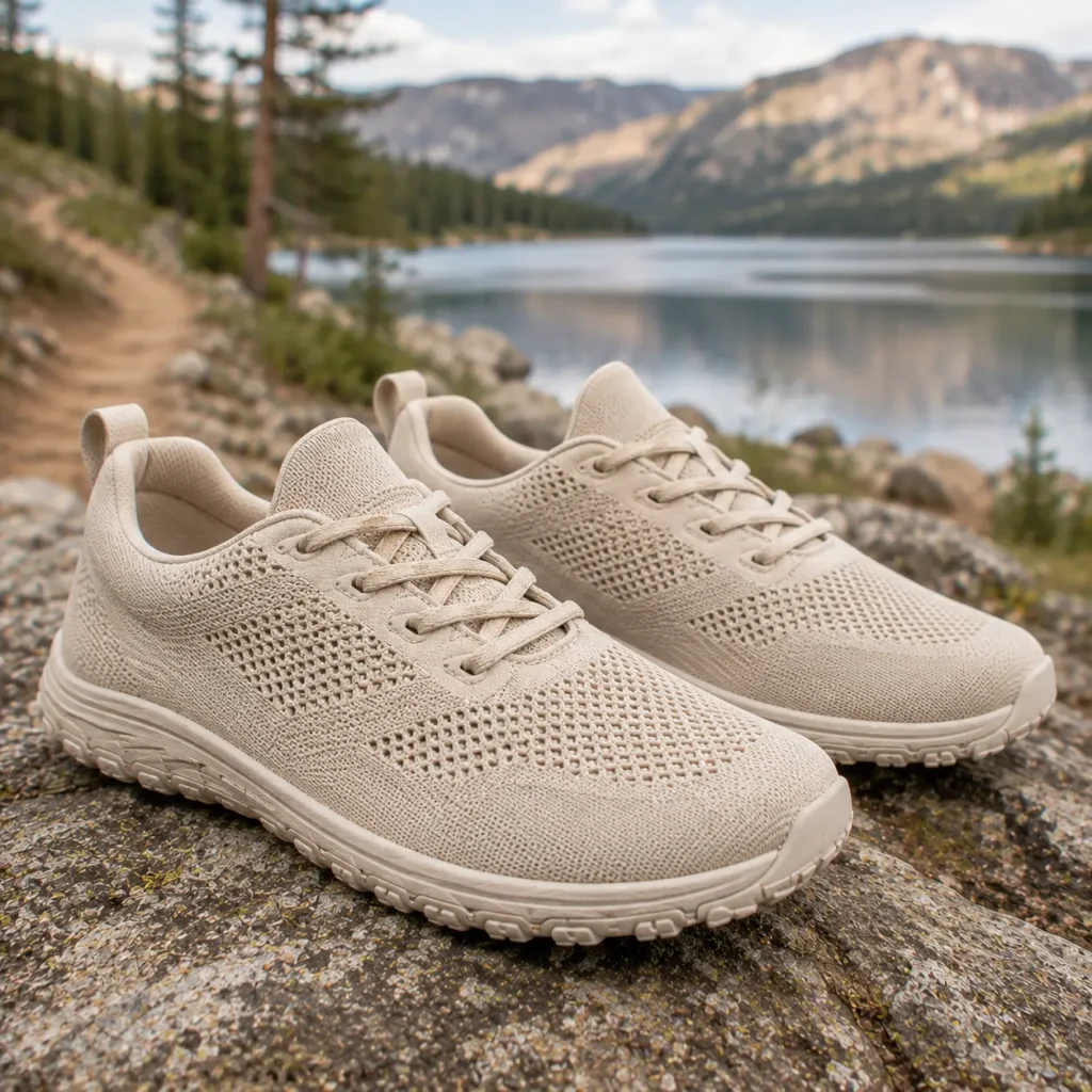 HF Cloud lightweight barefoot shoes on a peaceful mountain trail