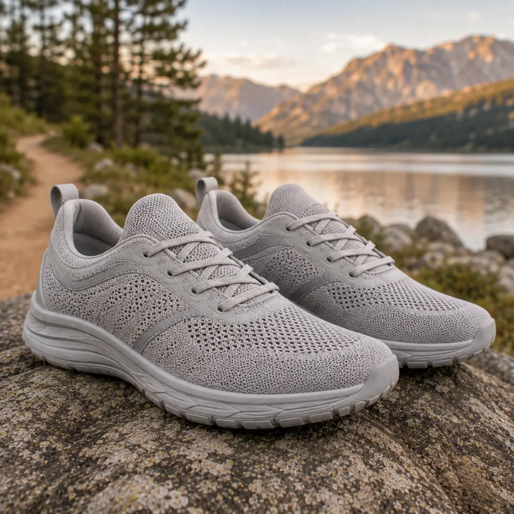 HF Flow supportive barefoot shoes on a scenic lakeside hiking path