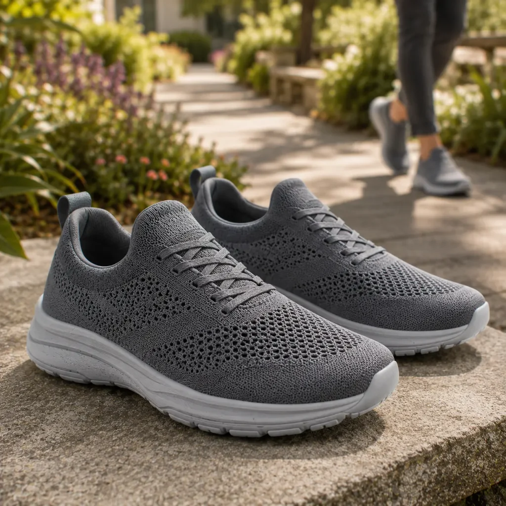 HF Shade comfortable walking shoes on a garden pathway