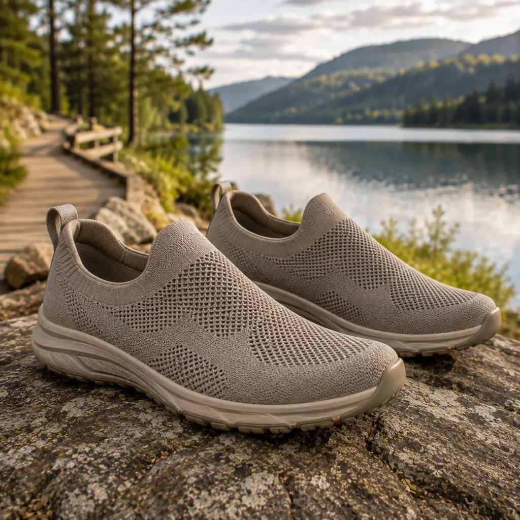 HF Stride hands-free slip-on barefoot shoes on a lakeside trail