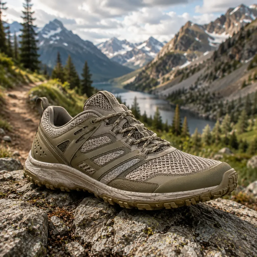 HIKE Avara Trek trail shoe on a scenic mountain hiking path