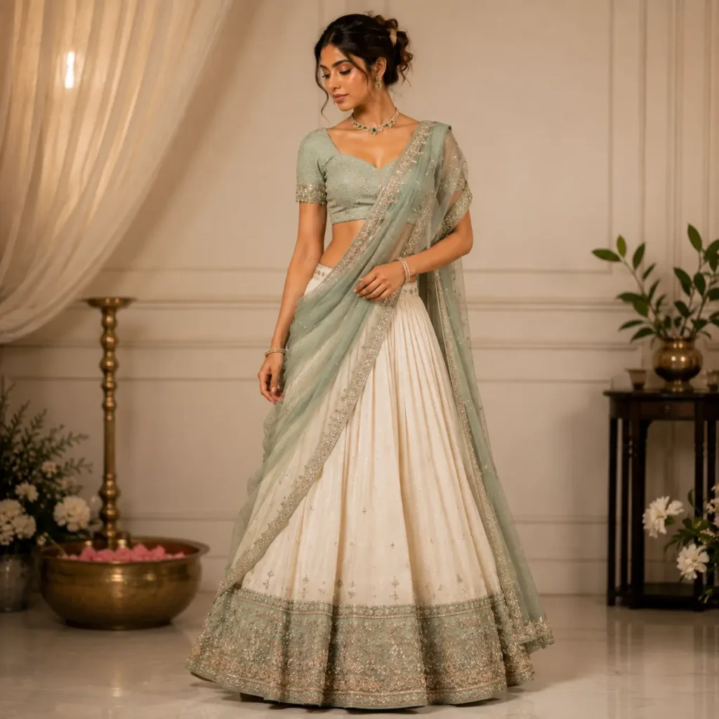 Modern half-saree (Langa Voni) style outfit with embellished blouse, lehenga and dupatta for women