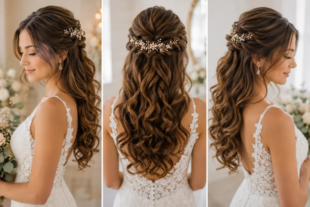 Romantic half-up half-down wedding hairstyle with soft curls, twisted sections, and a pearl floral bridal hairpiece.