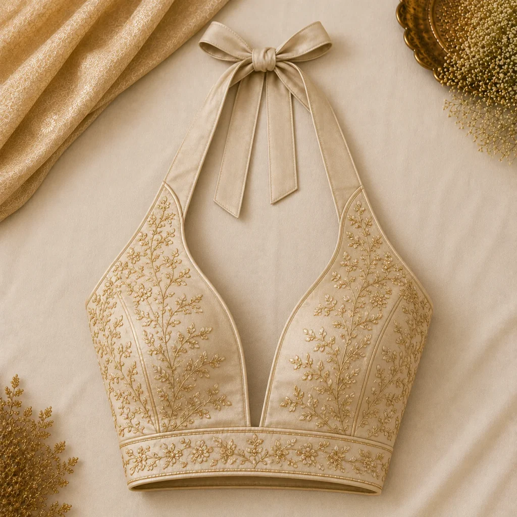 Embroidered halter neck backless blouse with elegant tie-back detailing