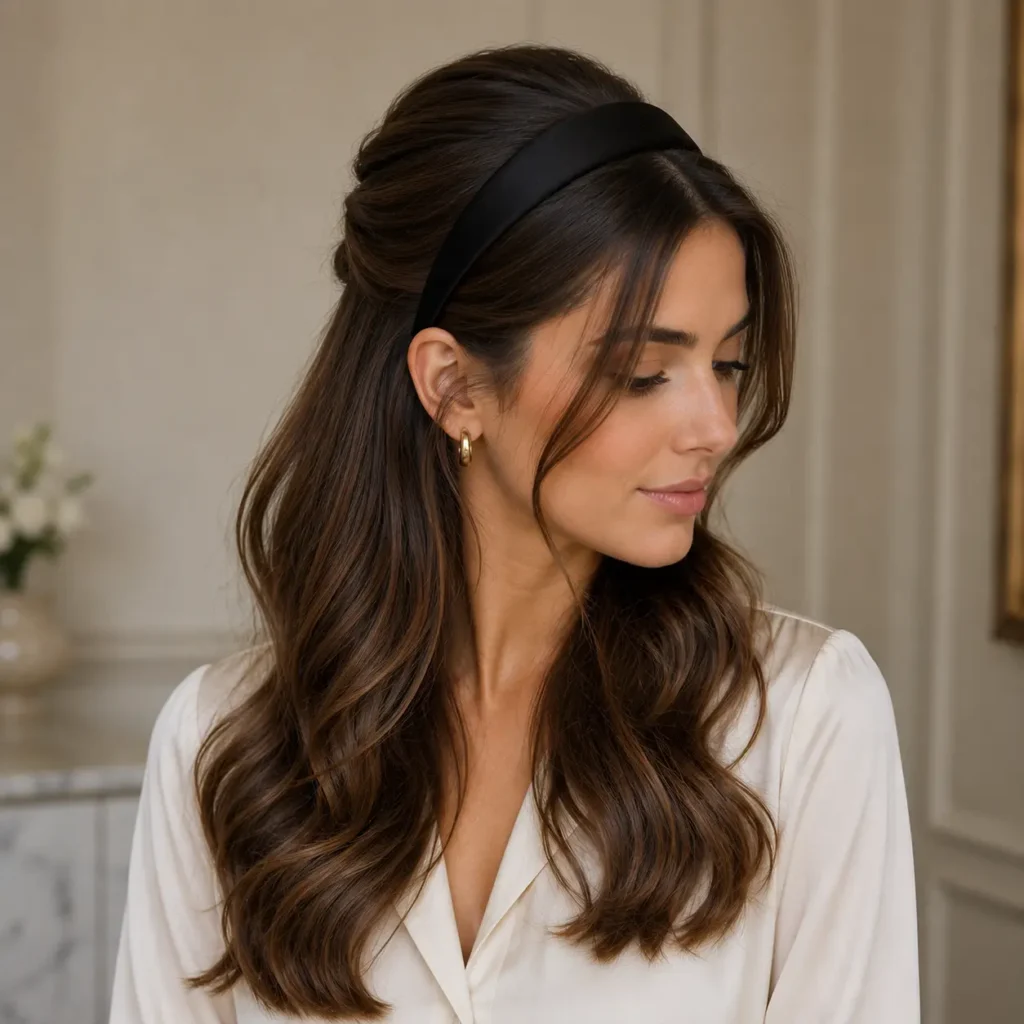 Headband-accented half-up hairstyle with long soft waves for an elegant old money look