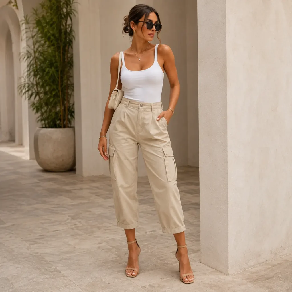 Woman wearing cropped beige cargo pants, a fitted white tank top, and strappy heeled sandals for a chic outfit