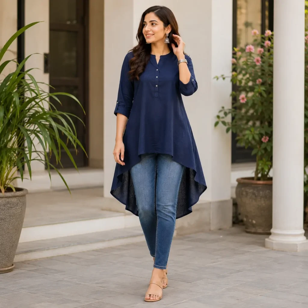 High-low short kurti with skinny jeans outfit for women