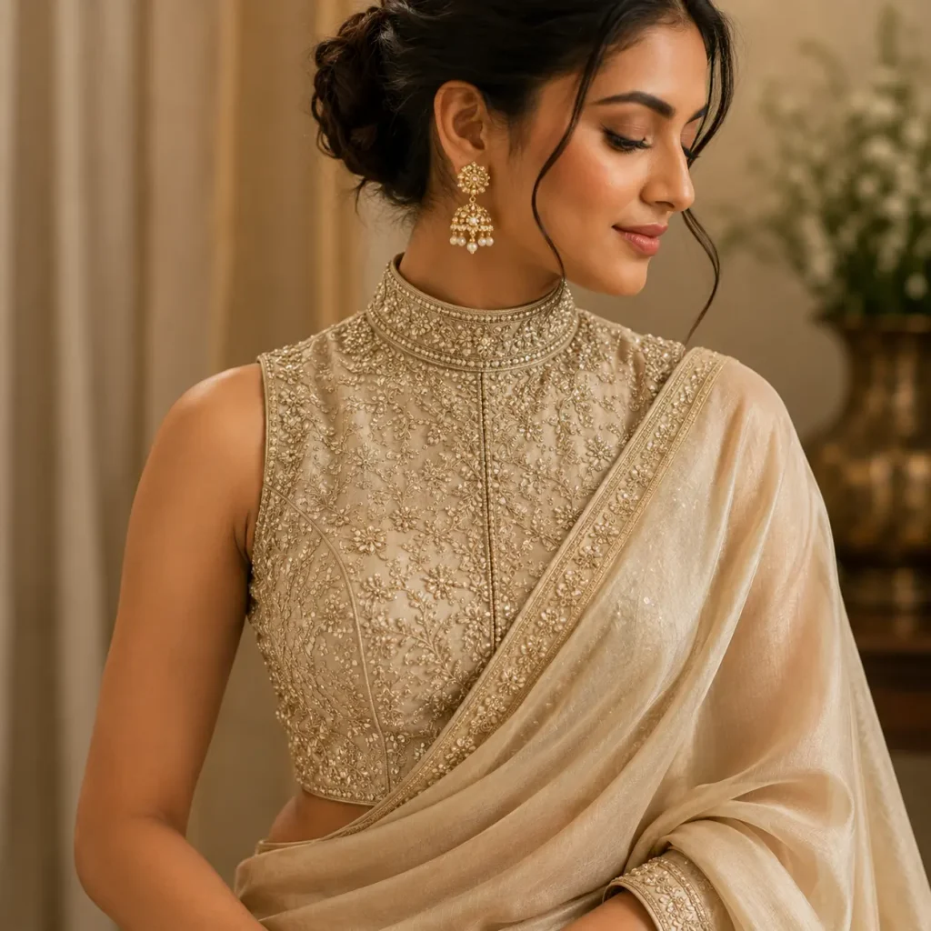 High neck embellished blouse with intricate embroidery and elegant detailing