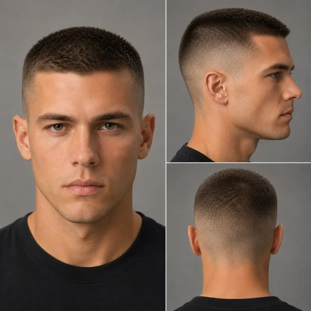 High and tight buzz cut with closely shaved sides and short top