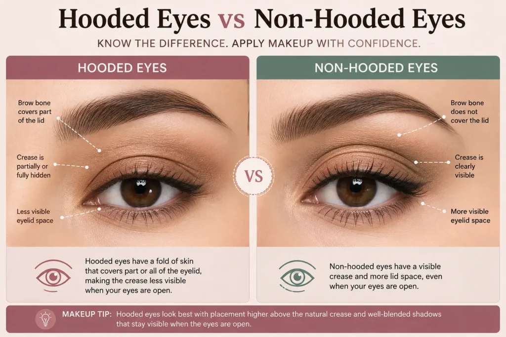 Side-by-side comparison of hooded eyes and non-hooded eyes highlighting eyelid shape, crease visibility, and brow bone differences.