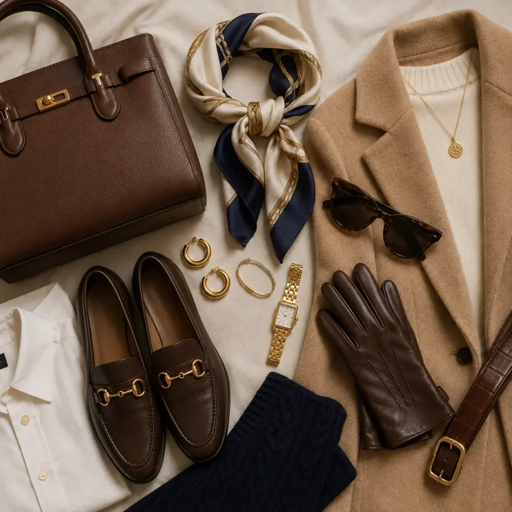Old money outfit accessories including leather handbag, silk scarf, loafers, gold jewelry, sunglasses, gloves, and belt