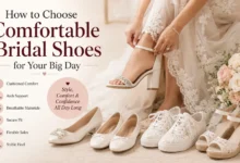 Bride wearing elegant ivory block heel bridal shoes surrounded by stylish bridal footwear and wedding flowers.