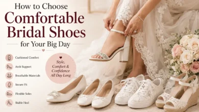 Bride wearing elegant ivory block heel bridal shoes surrounded by stylish bridal footwear and wedding flowers.