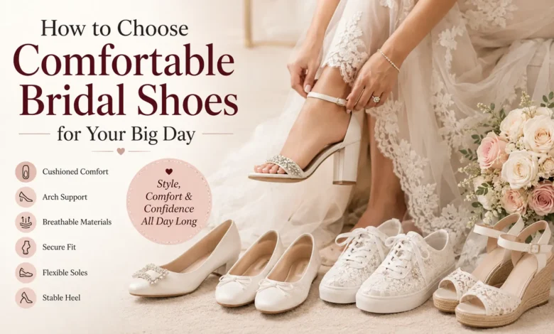 Bride wearing elegant ivory block heel bridal shoes surrounded by stylish bridal footwear and wedding flowers.