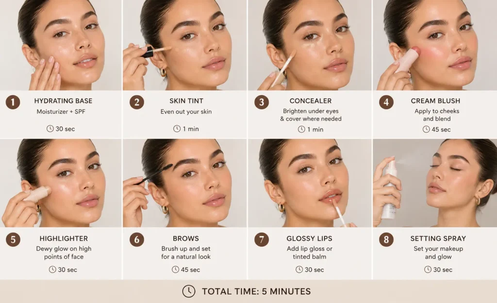 Step-by-step clean girl makeup tutorial showing hydration, skin tint, concealer, cream blush, highlighter, brows, glossy lips, and setting spray
